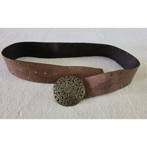 Vintage Accessories - Womens Y2K Vintage Belt Brown Leather Round Brass Medallion Buckle Calvin Klein